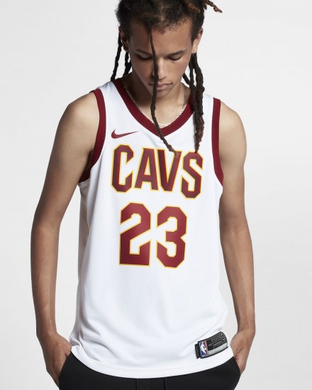 LeBron James Association Edition Swingman Jersey (Cleveland Cavaliers) | White / Team Red / University Gold - Click Image to Close