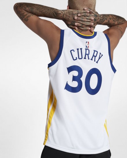 Stephen Curry Association Edition Swingman Jersey (Golden State Warriors) | White / Amarillo / Rush Blue - Click Image to Close