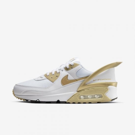 Nike Air Max 90 FlyEase | White / White / Black / Metallic Gold - Click Image to Close